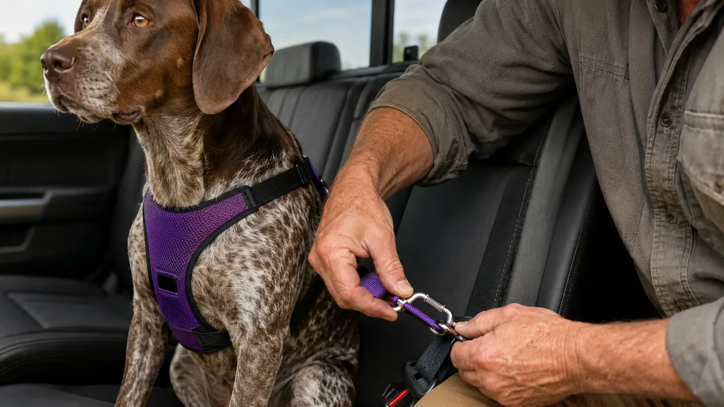 Close view of a dog in a truck back seat wearing a padded harness connected to a seat belt.