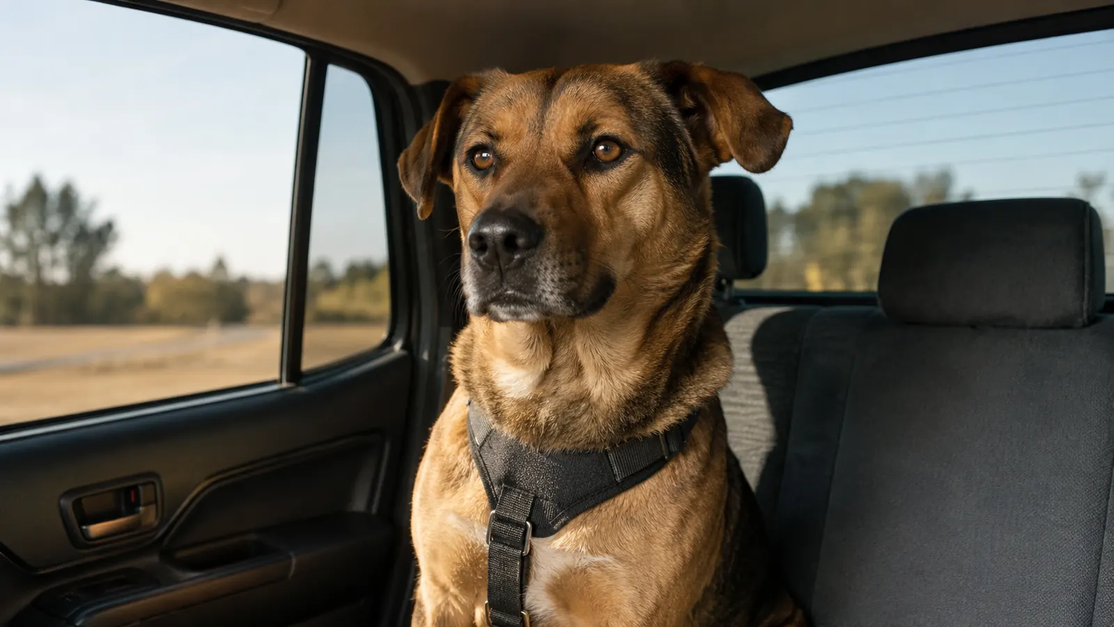 A large dog wearing a padded harness sits calmly on the back seat of a pickup truck, clipped to the seat belt.