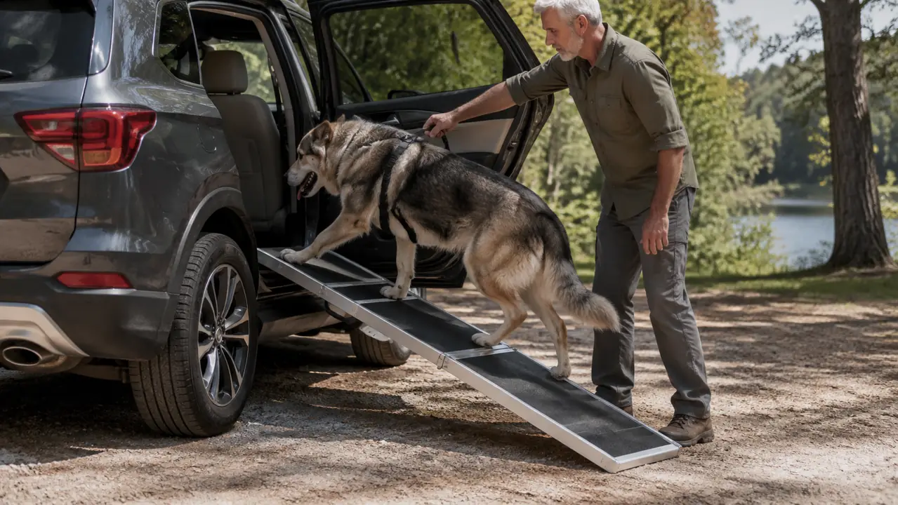 A large dog walking down a folding ramp out of a pickup truck while a person steadies the top of the ramp