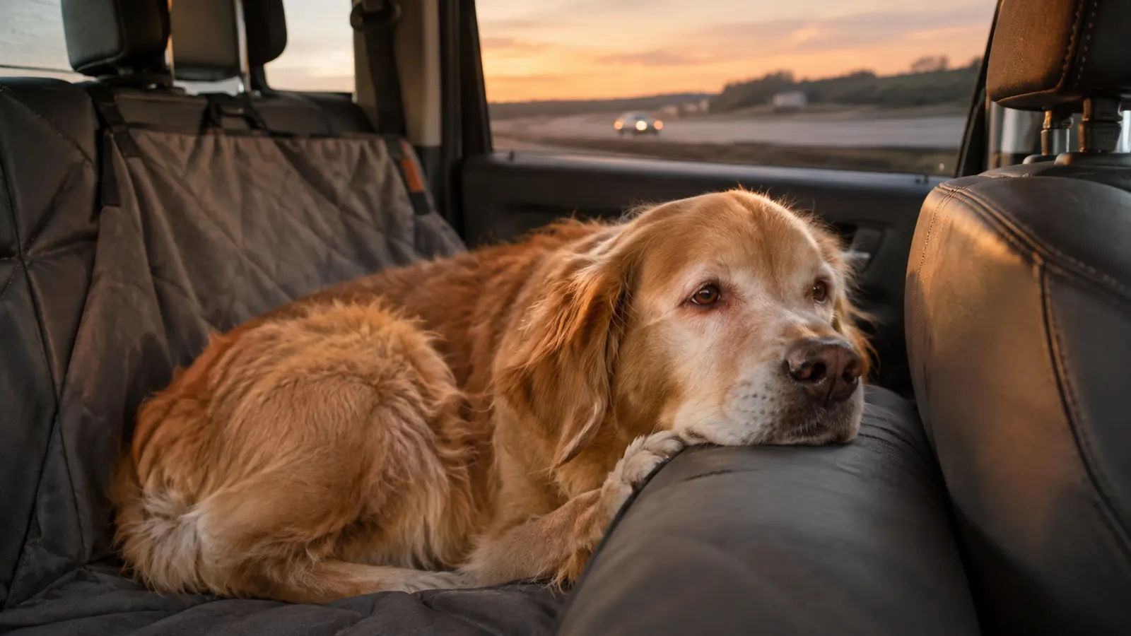 A large dog sitting calmly in the back seat of a pickup truck at a rest area with the door open and a folding ramp below