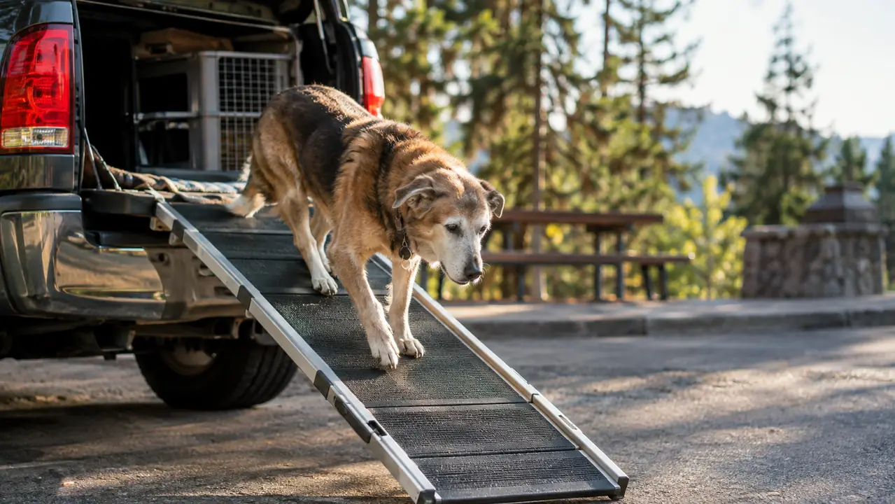 A large dog standing at the open door of a pickup truck beside a folding ramp that leads down to the ground