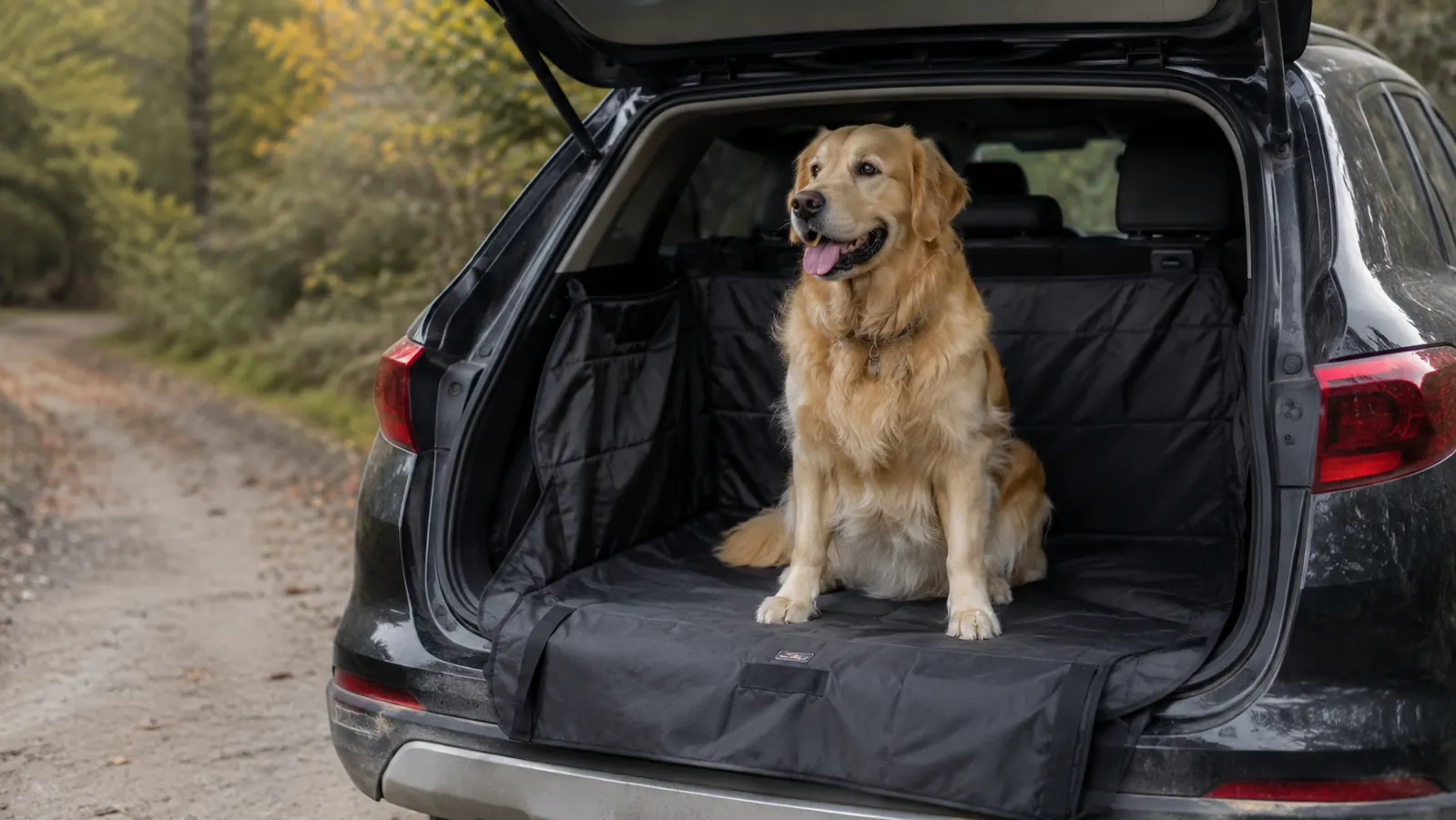 A large dog sitting on a fitted cargo liner in the open cargo area of an SUV with a cooler and duffel bags