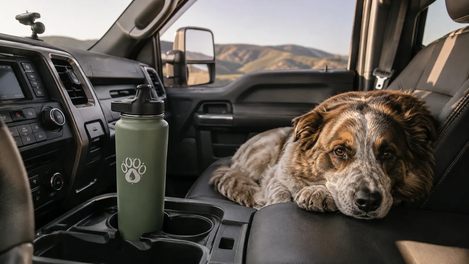 A large dog sitting in the back seat of a pickup truck with a travel water bottle on the seat beside him, seen through the windshield of a highway