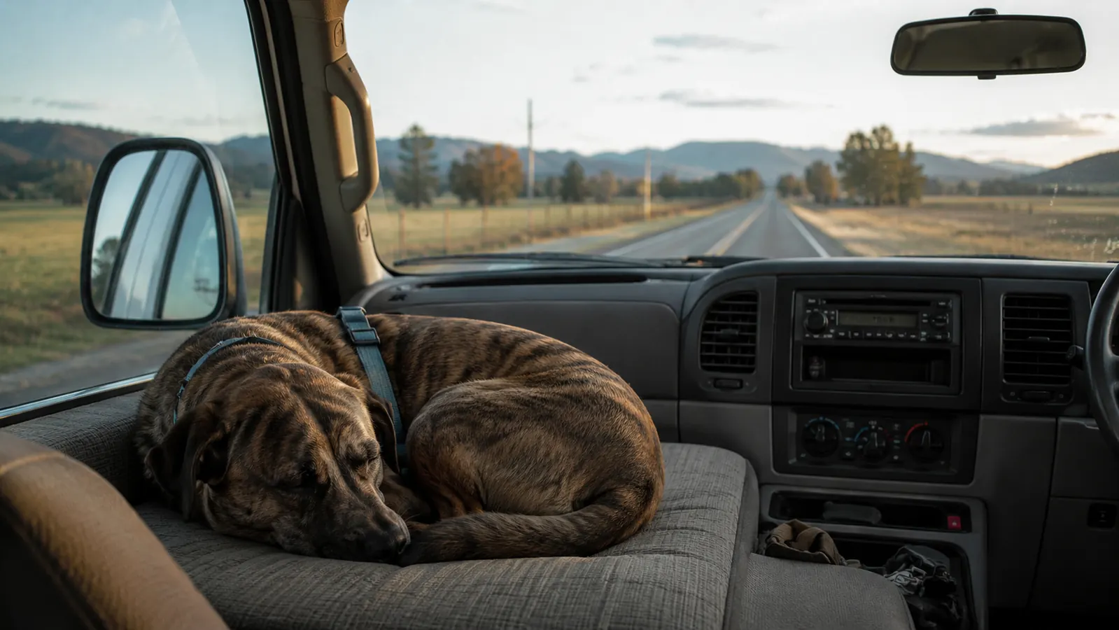 A pickup truck parked at a rest stop with a large dog in the back seat
