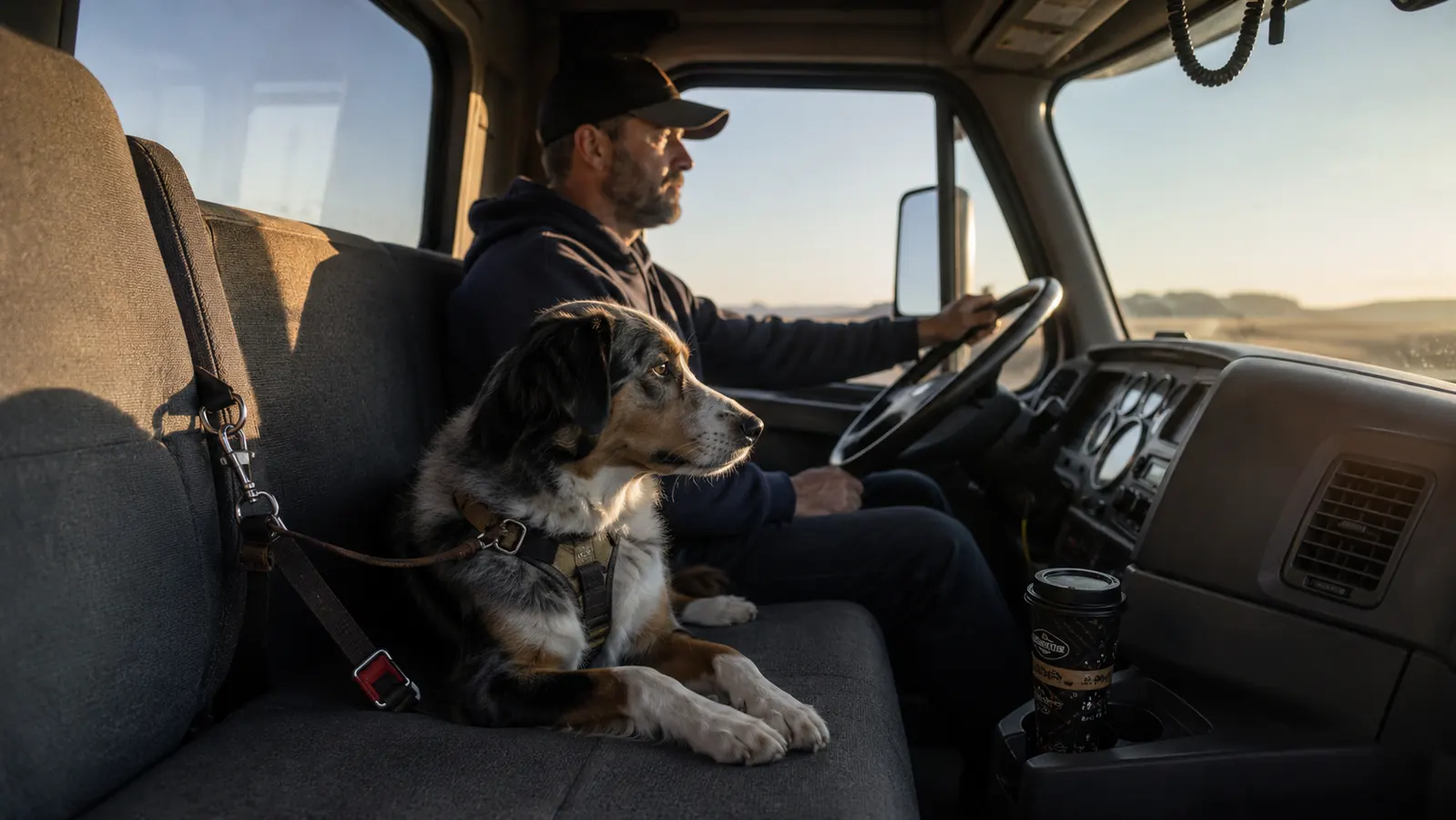 A large dog sitting calmly in the back seat of a pickup truck on a highway