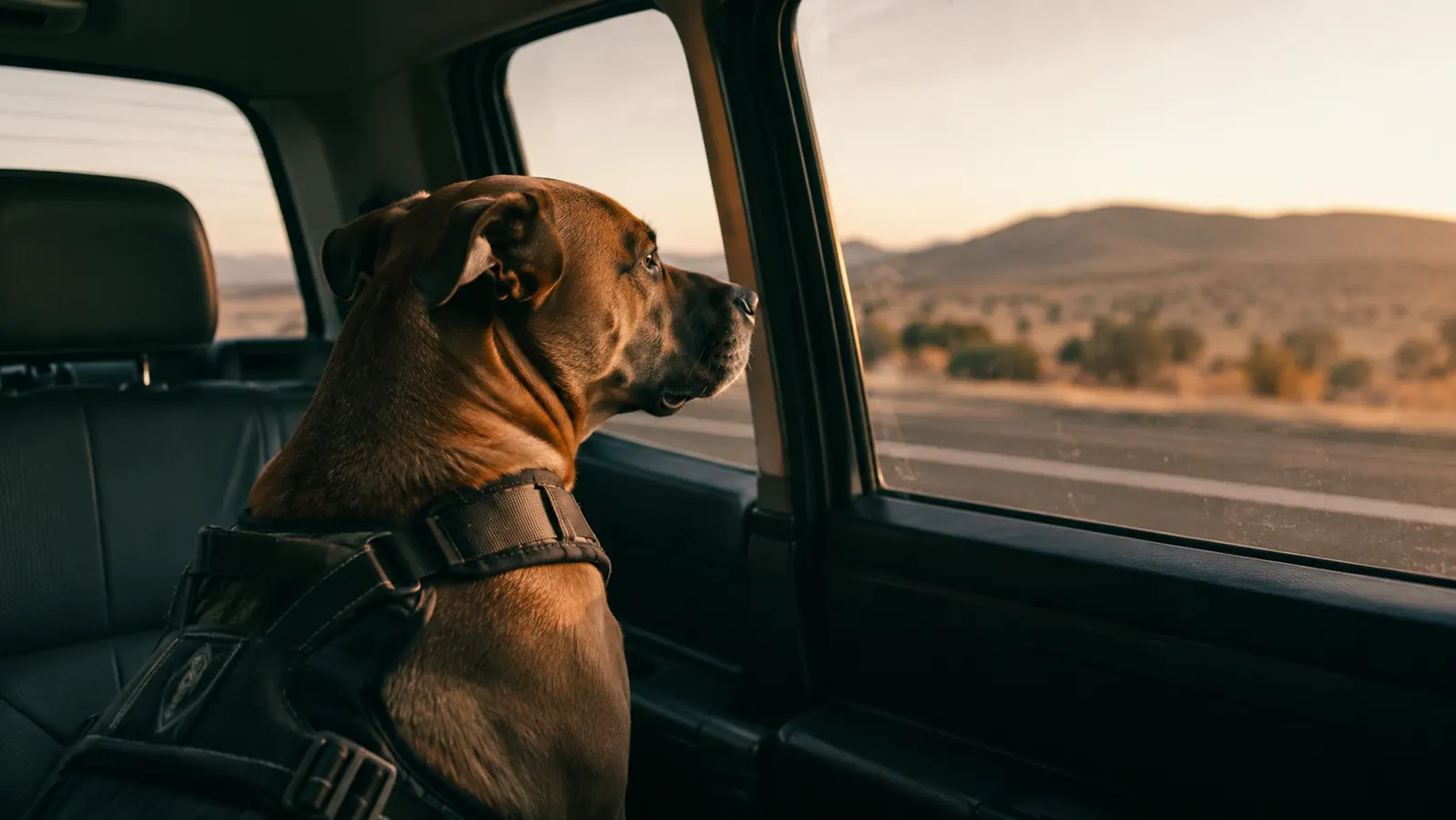 A large dog sitting calmly in the back seat of a pickup truck, looking out the window in soft morning light