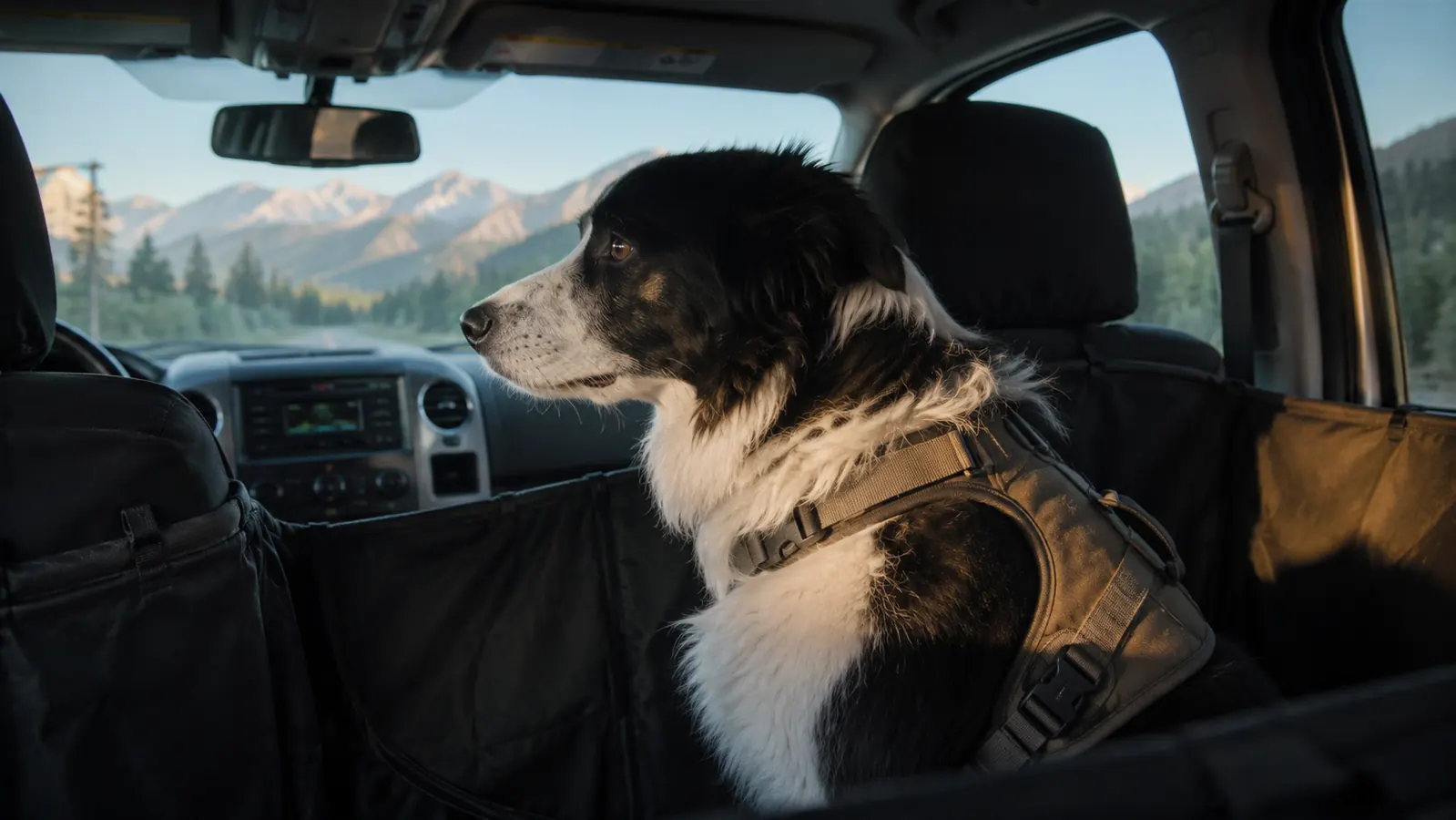 A large dog wearing a harness sits on the back seat of a pickup truck, looking out the window at a highway rest stop.