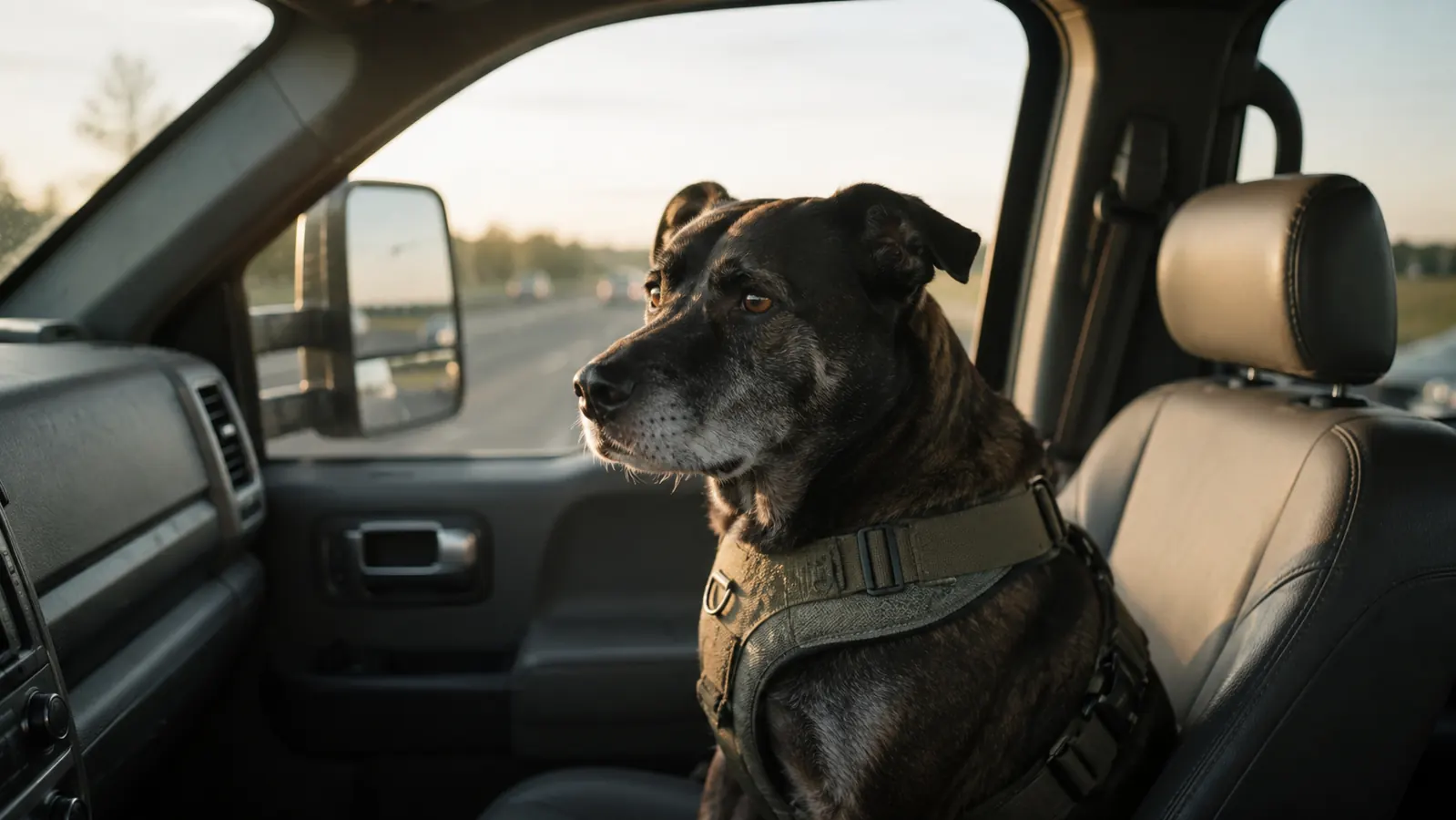 A dog sitting on the back seat of a pickup truck at a rest stop, wearing a harness and looking out the open door.