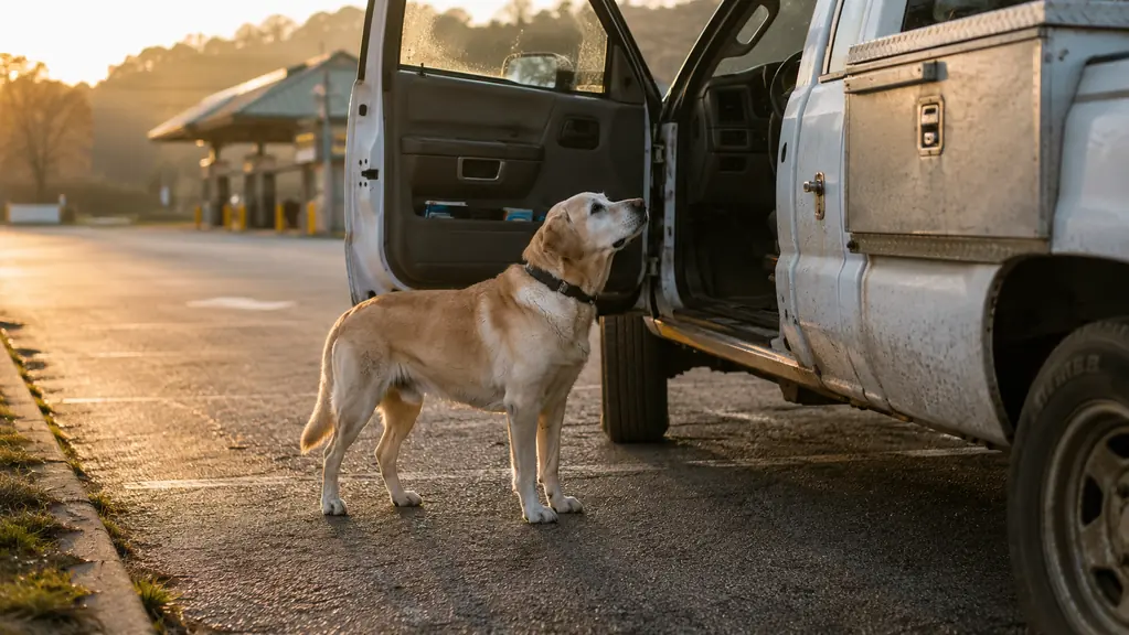 A large dog waiting by the open rear door of a pickup truck in a gravel lot at sunrise.