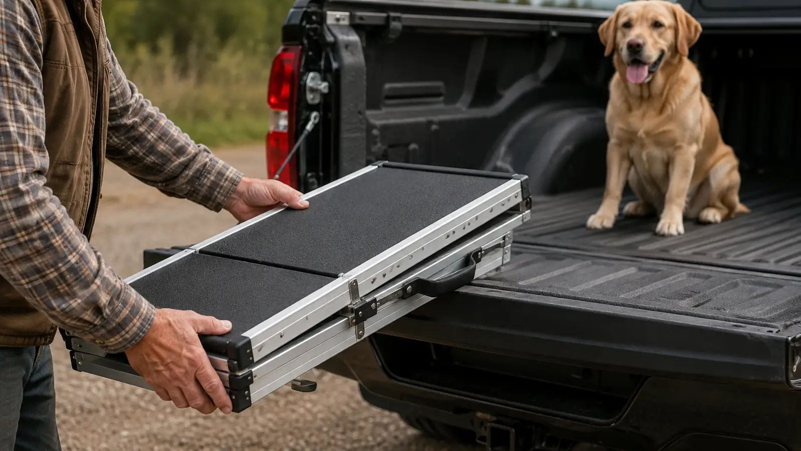 A large dog walking down a wide folding ramp from the open tailgate of a pickup truck to the ground