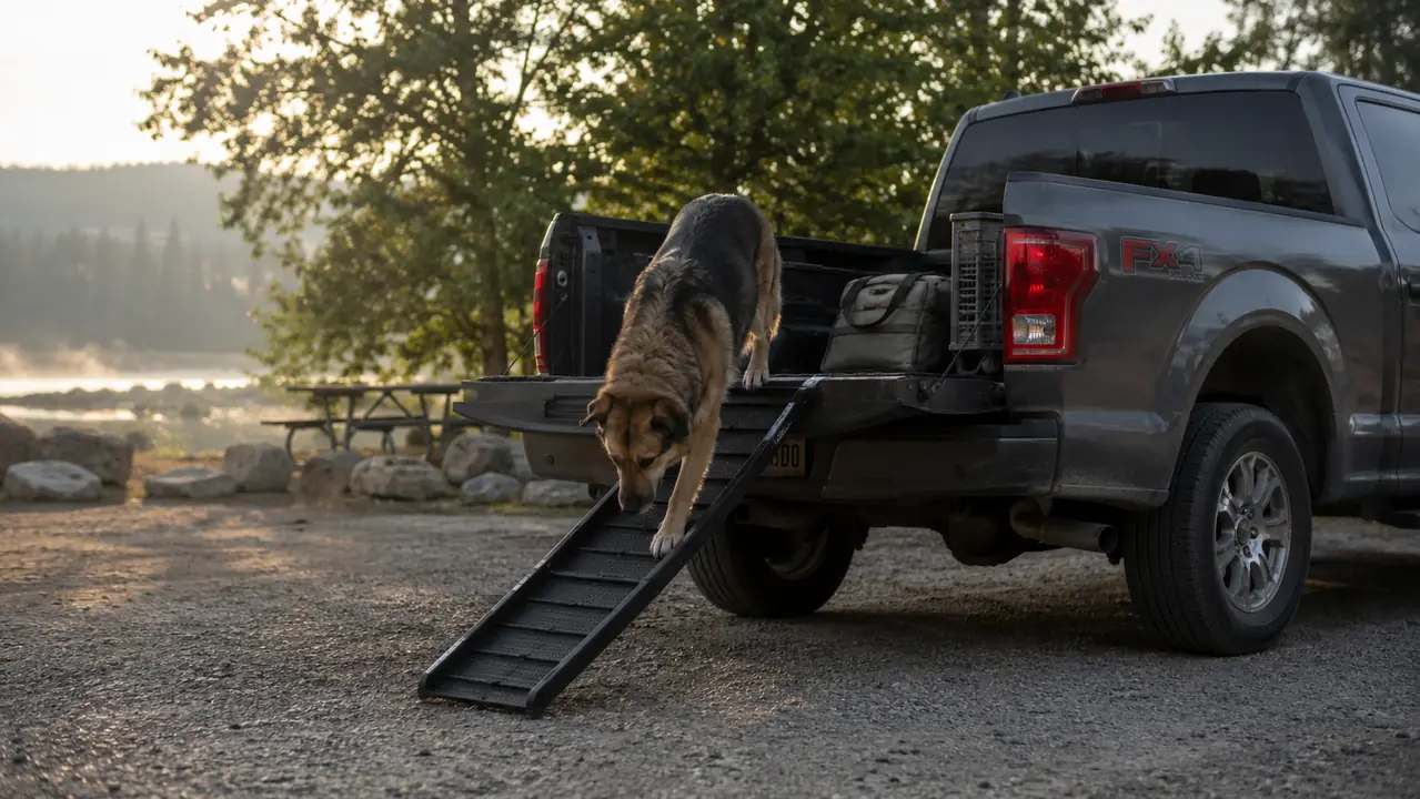 A large dog standing beside the open tailgate of a pickup truck with a wide folding ramp resting on the tailgate, early morning light
