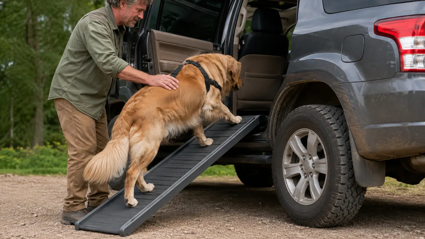 A person's hand steadying a large dog as it walks down a wide folding ramp from the back of a pickup truck