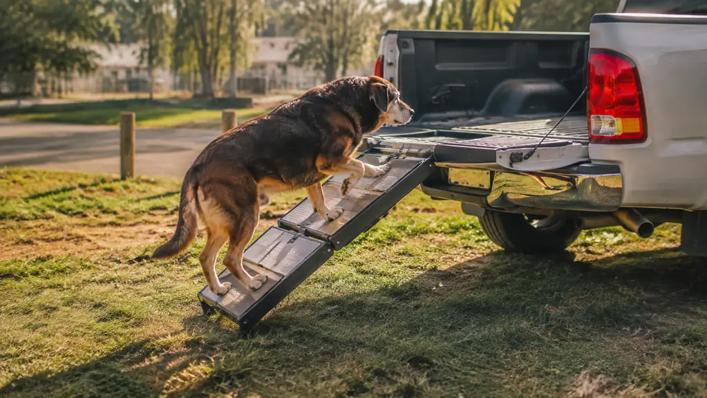 A large senior dog standing beside the open rear door of a pickup truck with a wide folding ramp leading up into the cab