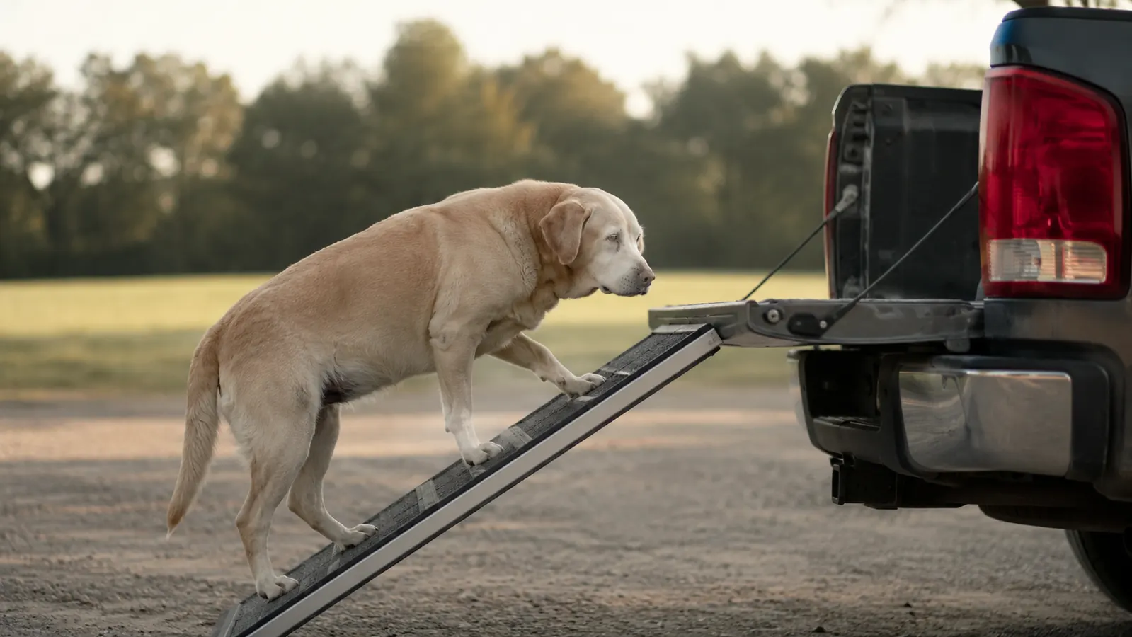 A large dog standing on a folding dog ramp at the open tailgate of a pickup truck in the evening.