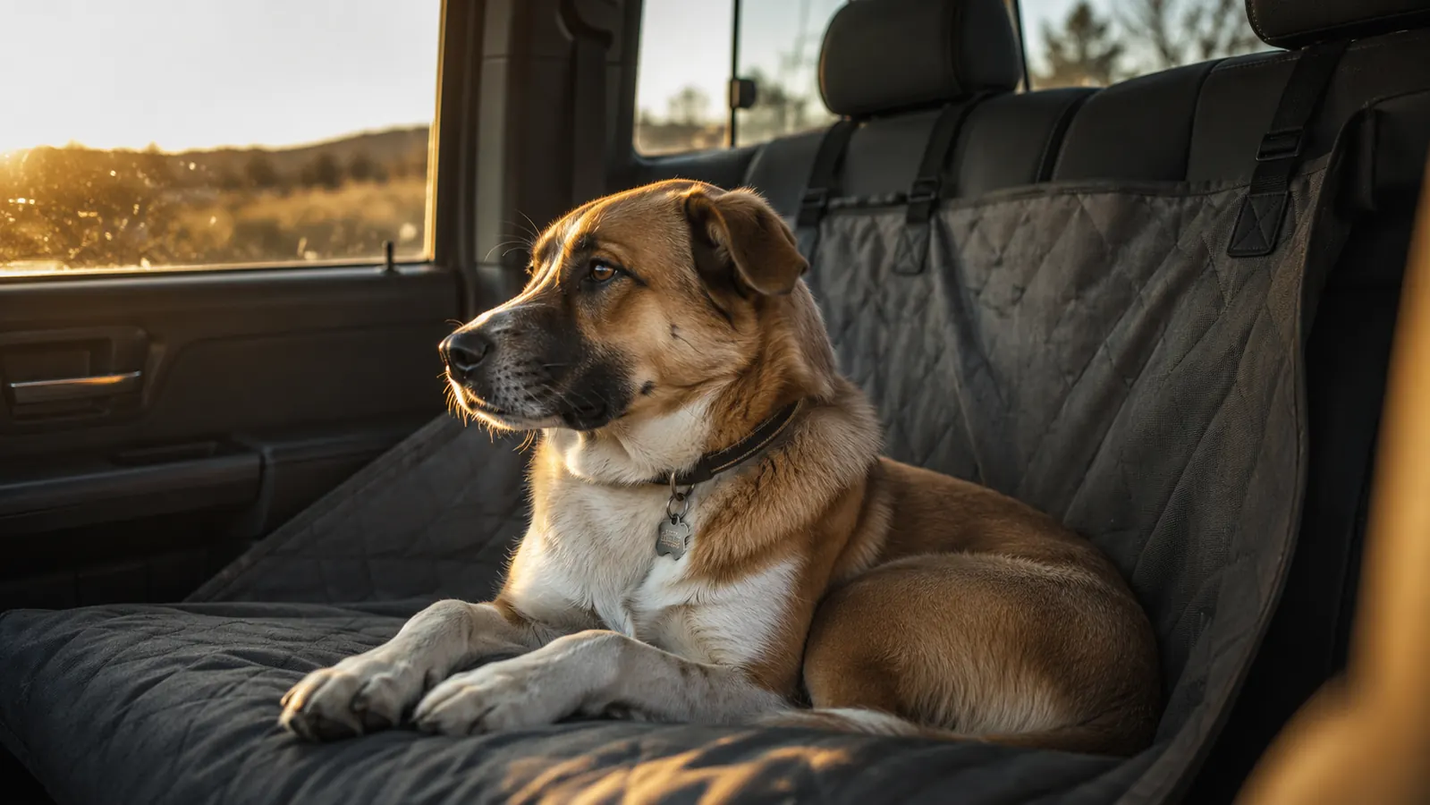 A large dog sitting on a seat cover in the back seat of a pickup truck, looking out the window at morning light.