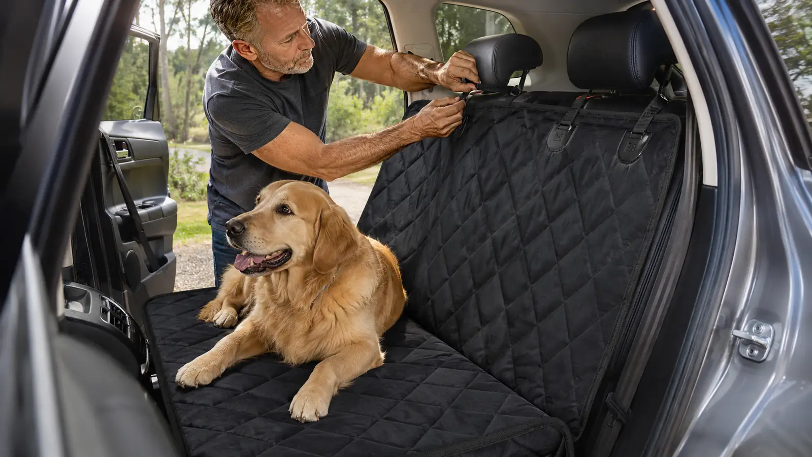 A large dog sitting on a hammock style seat cover in the back seat of a truck, with the cover's side straps attached to the front headrests