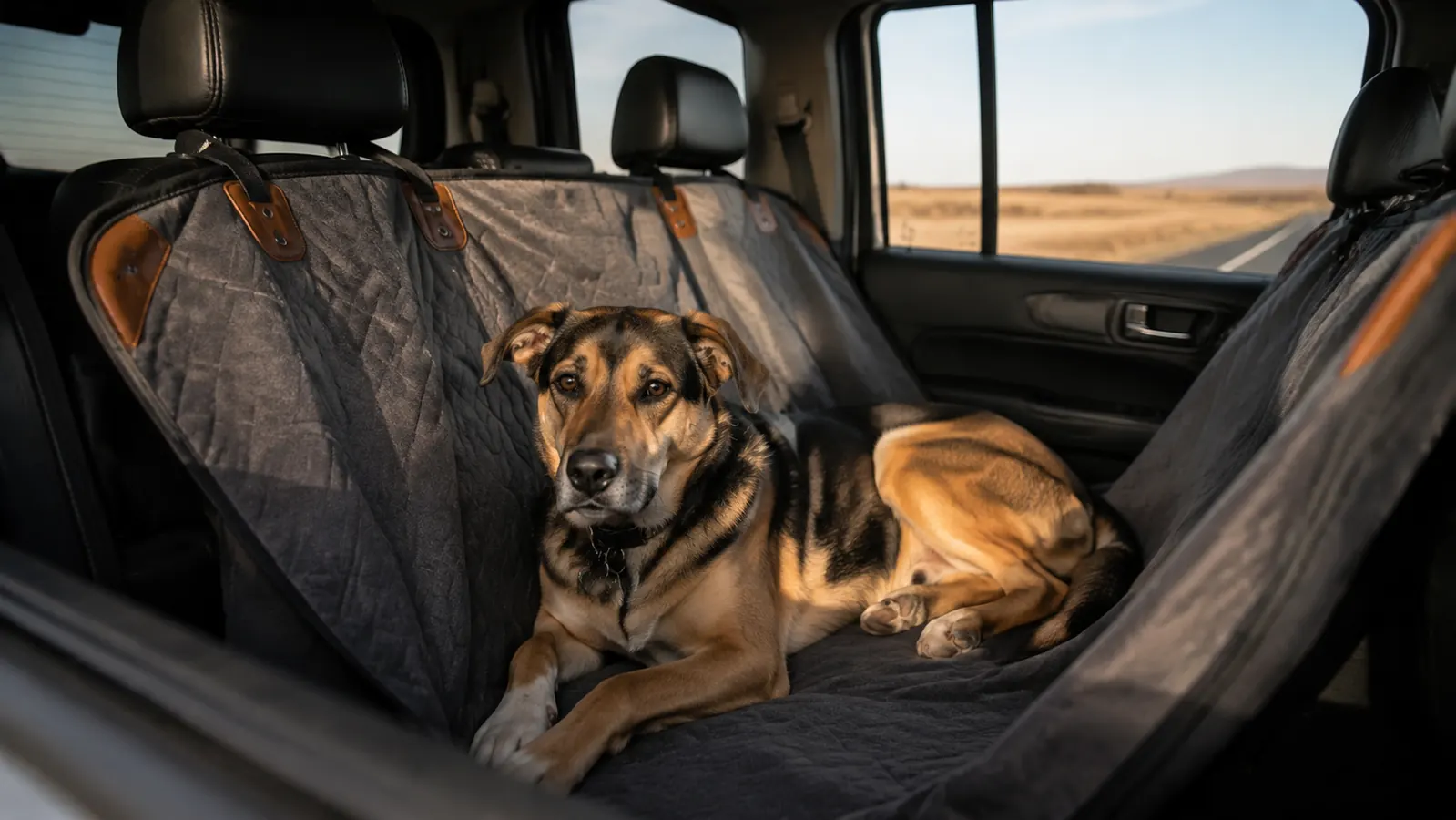 A large dog resting on a hammock style seat cover across the back seat of a pickup truck with the rear door open