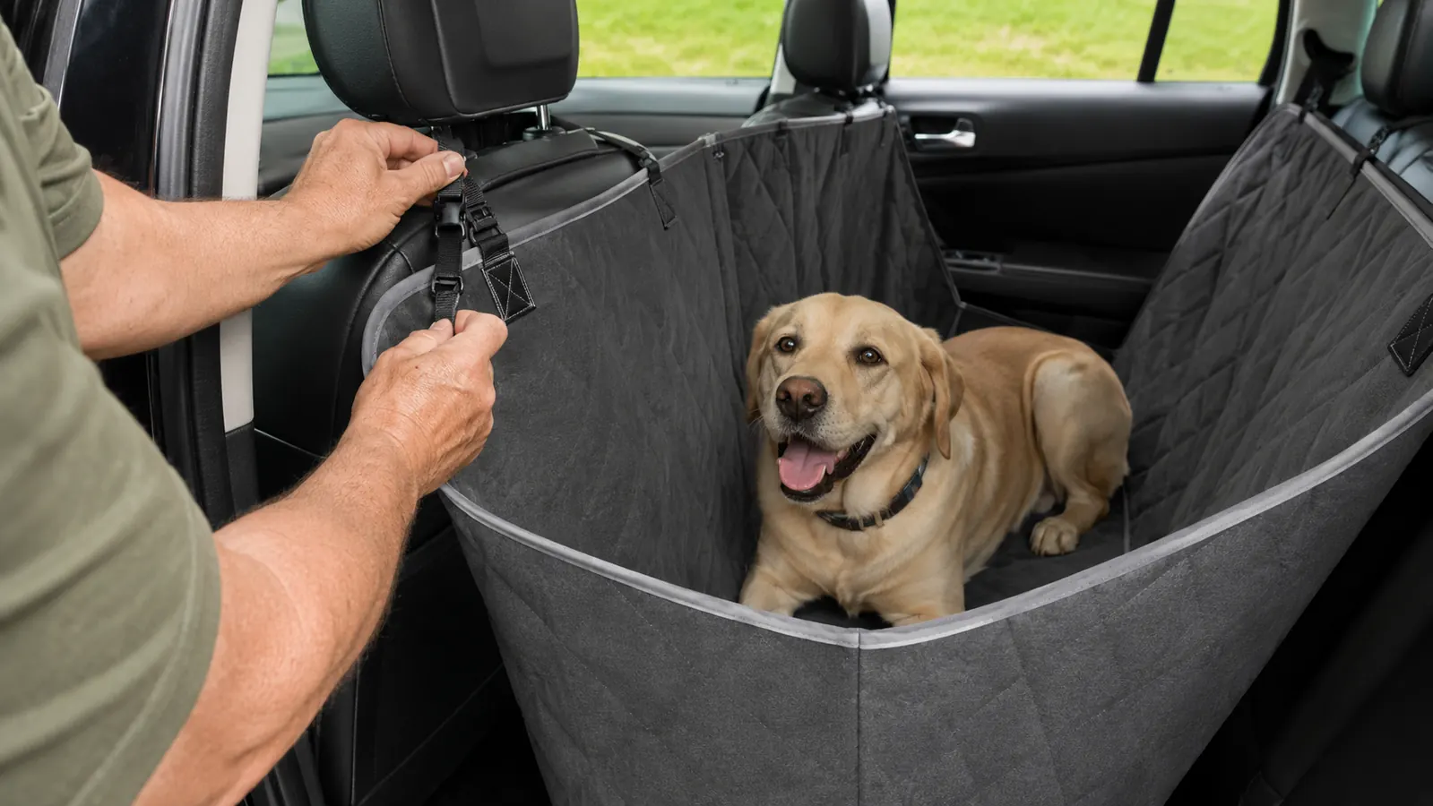A person adjusts a strap on a hammock-style dog seat cover while a large dog sits on the seat.
