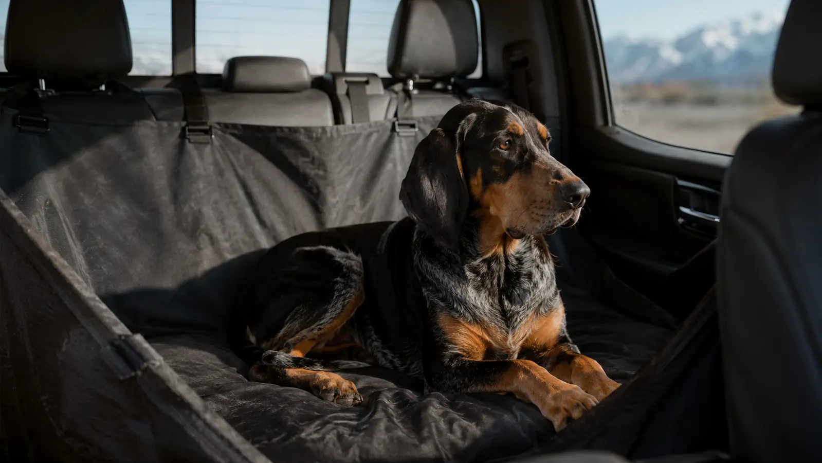 A large dog sits on a waterproof seat cover in the back seat of a pickup truck.