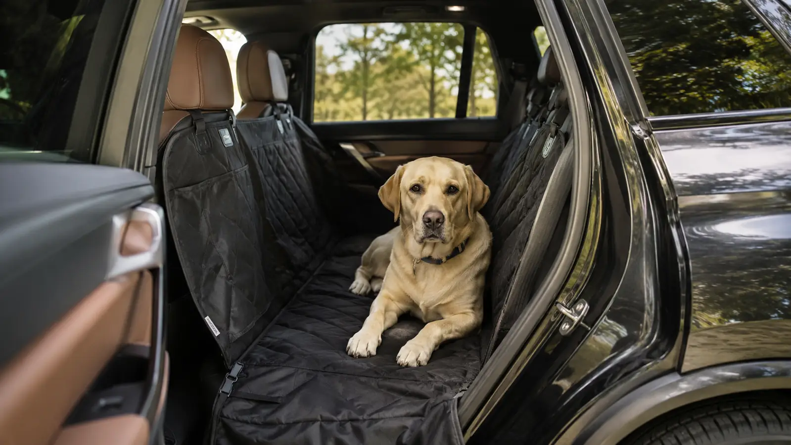 A large dog sitting calmly on a fabric hammock cover in the back seat of a pickup truck parked at a rest stop