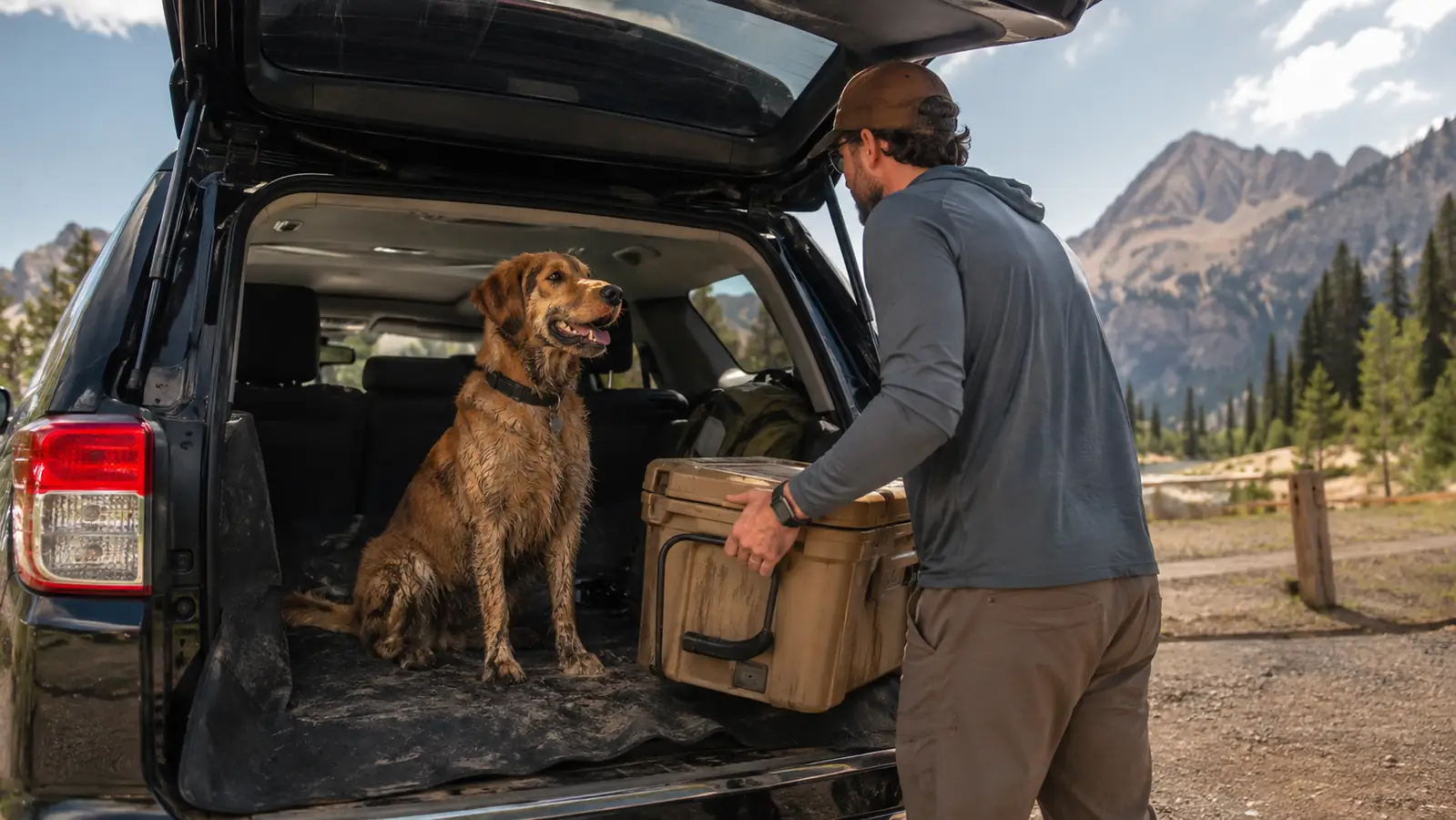 dog resting on a cargo liner in a parked truck with a mountain view