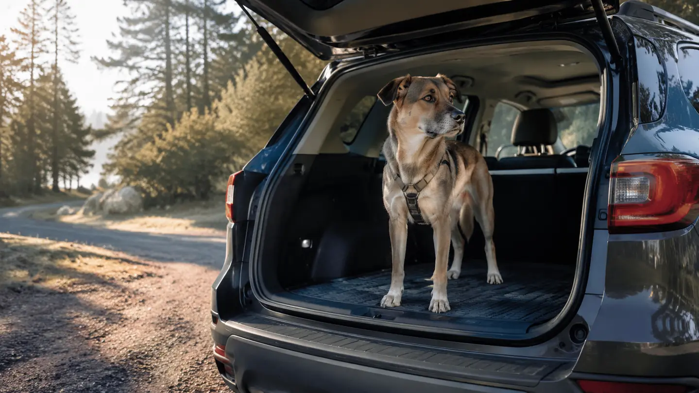 large dog sitting on a cargo liner in the back of a truck with the tailgate down