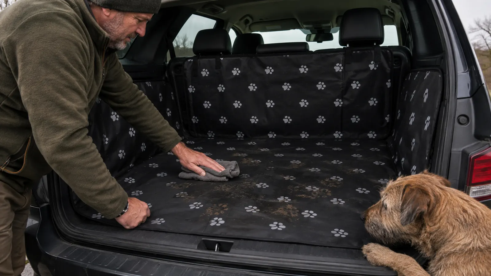A large dog standing on a protective cargo liner while a hand adjusts the liner's strap near a headrest