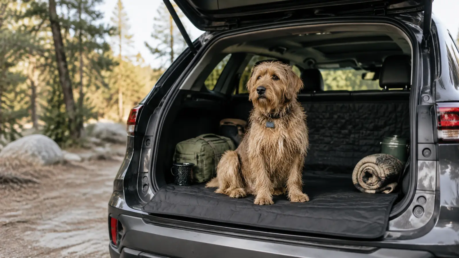 A large dog resting on a protective cargo liner in the back of a vehicle with the seats folded flat, seen from an open tailgate
