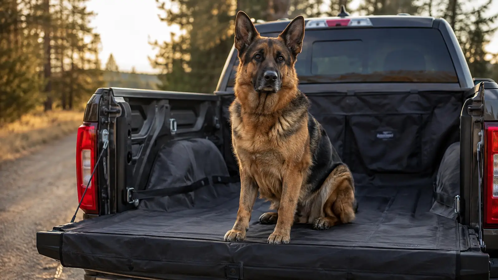 A large dog resting on a cargo liner in the back of an SUV with the hatch open