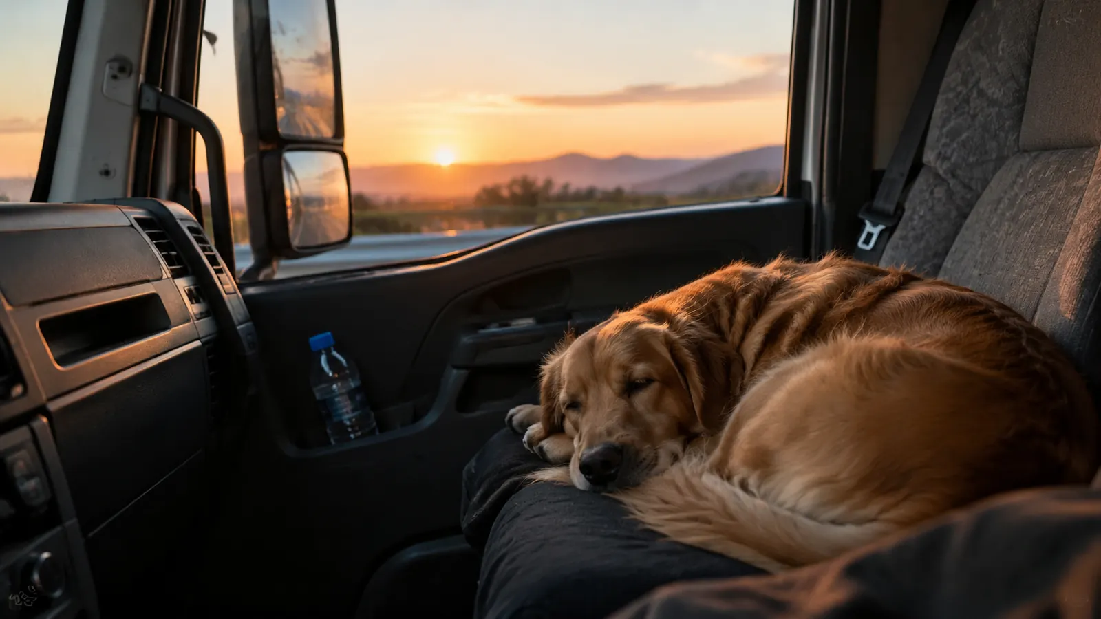 A large dog standing beside an open truck door at a highway rest stop in soft morning light