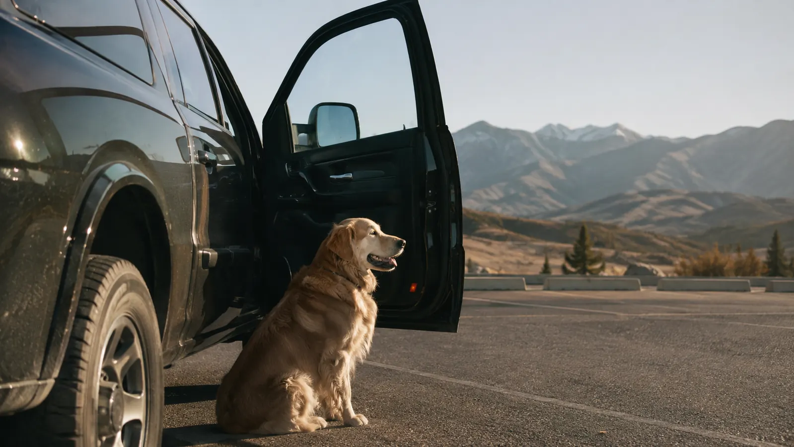 A large dog waiting by an open truck door at a rest stop, with a portable water bottle on the tailgate