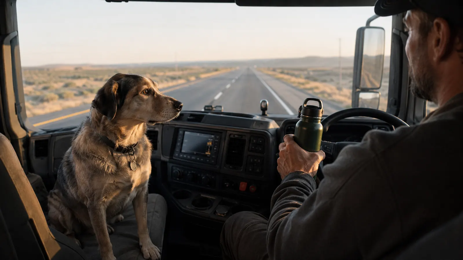 A large dog drinking from a water bottle at a rest area beside a pickup truck