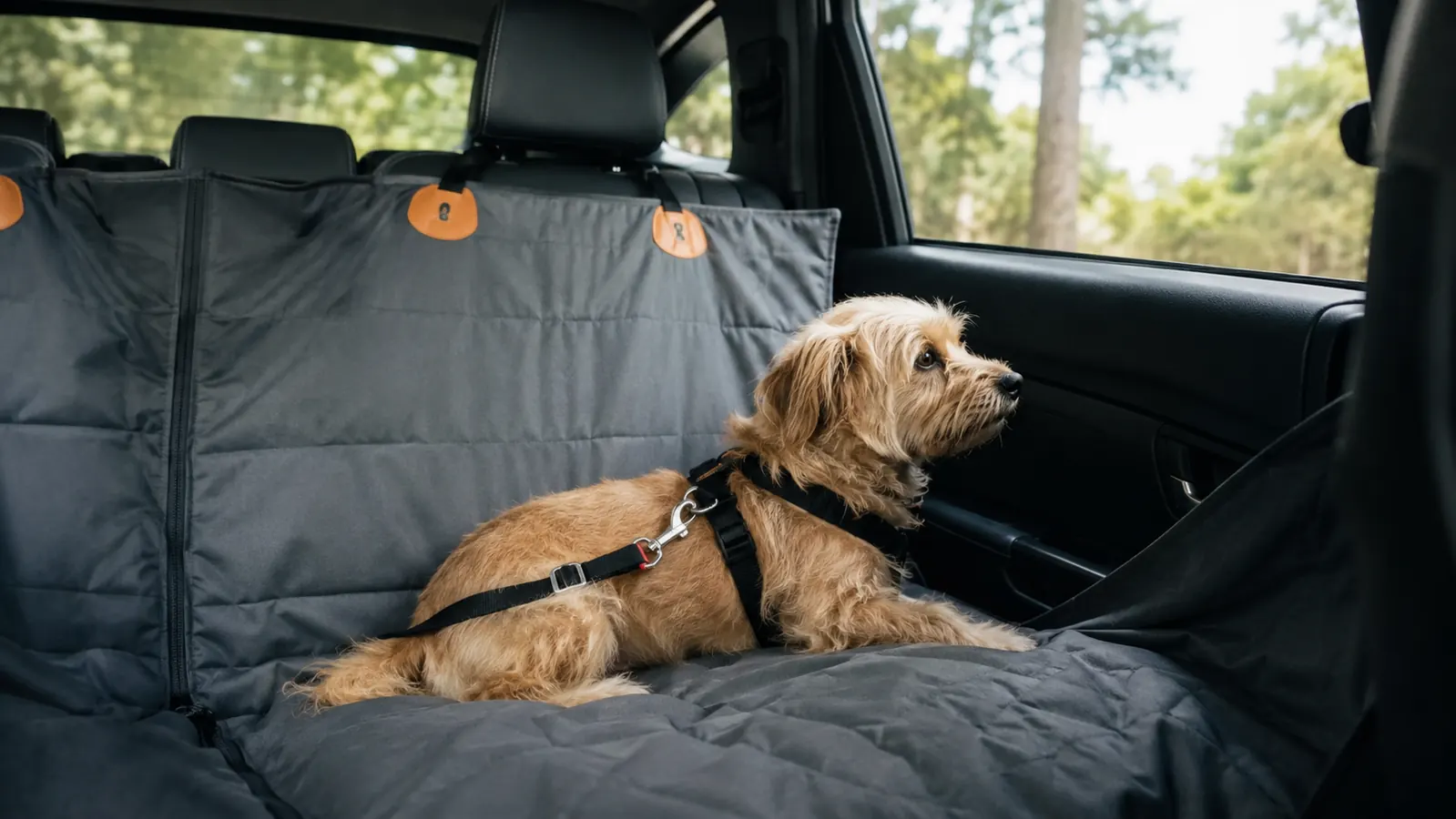 A large dog resting in the back seat of a truck, secured by a harness and tether