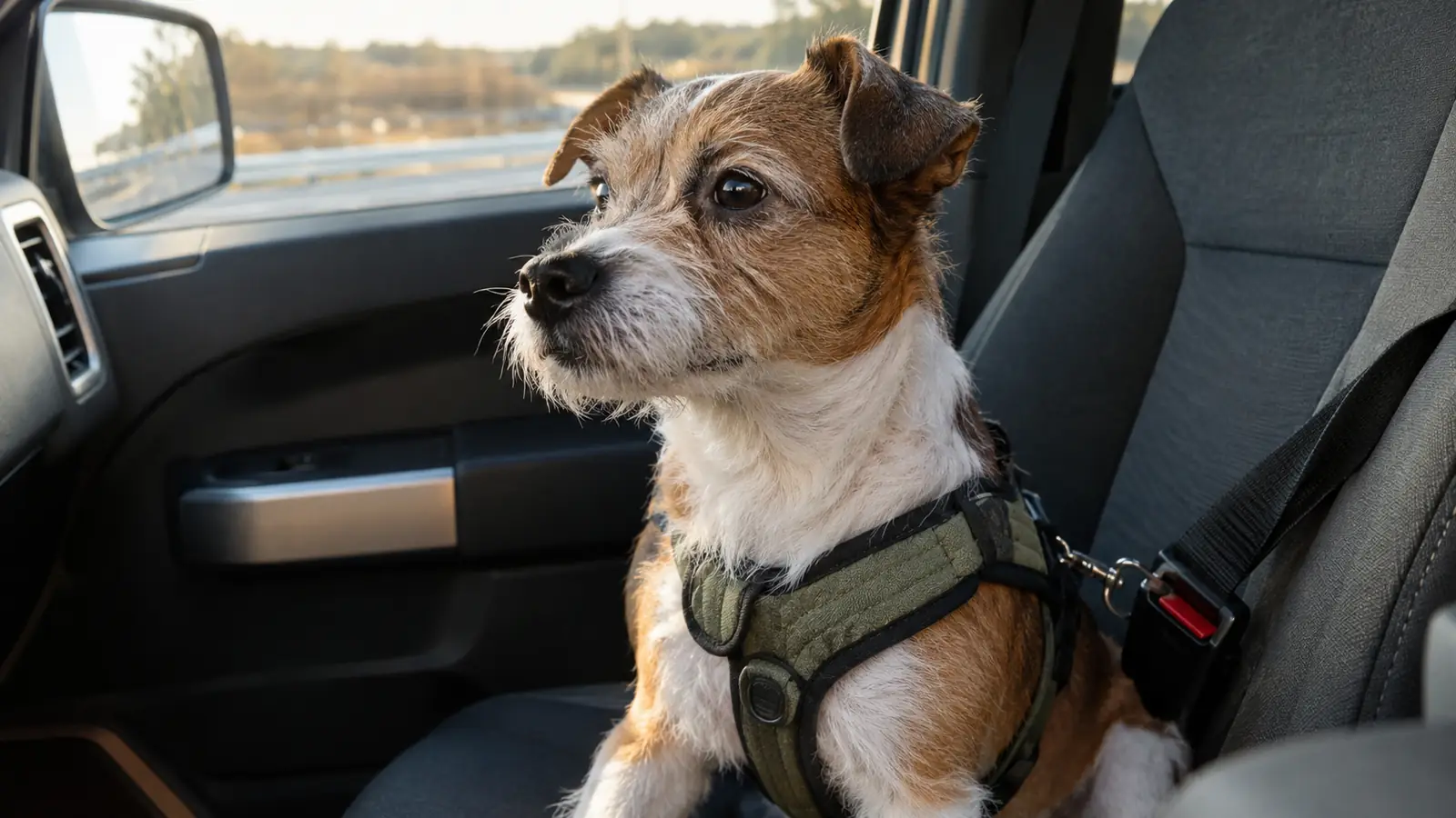 A large dog wearing a harness, sitting calmly in the back seat of a pickup truck