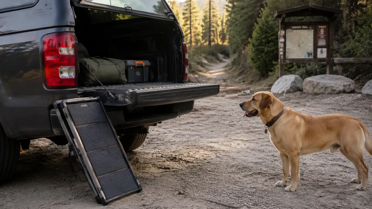 A large dog walking down a folding car ramp beside a pickup truck in a driveway