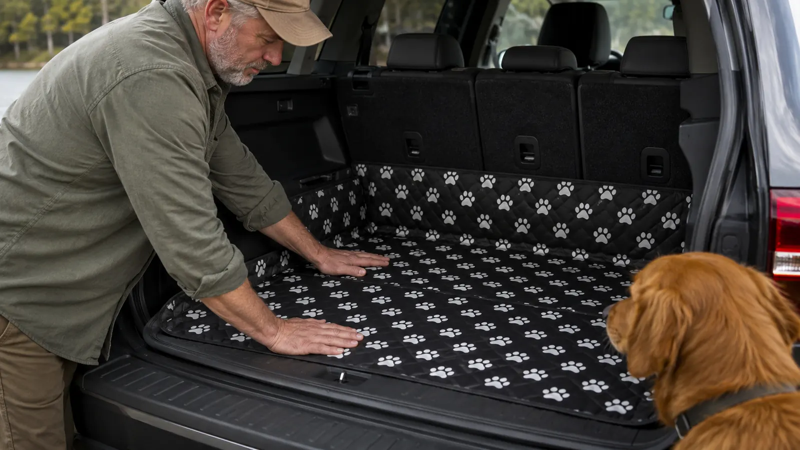 Hand spreading a folded cargo liner across an SUV cargo floor