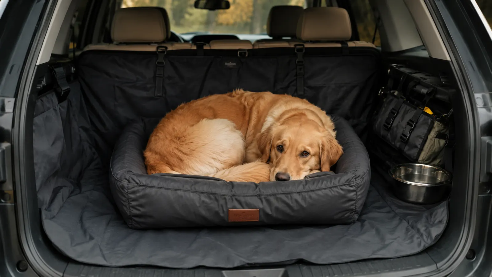 A large dog standing on a cargo liner beside a travel bowl in an SUV