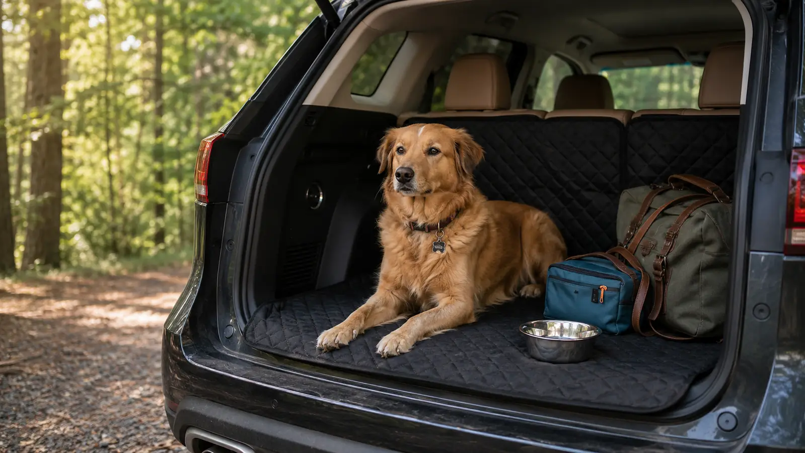 Large dog sitting in an SUV cargo area with the tailgate open