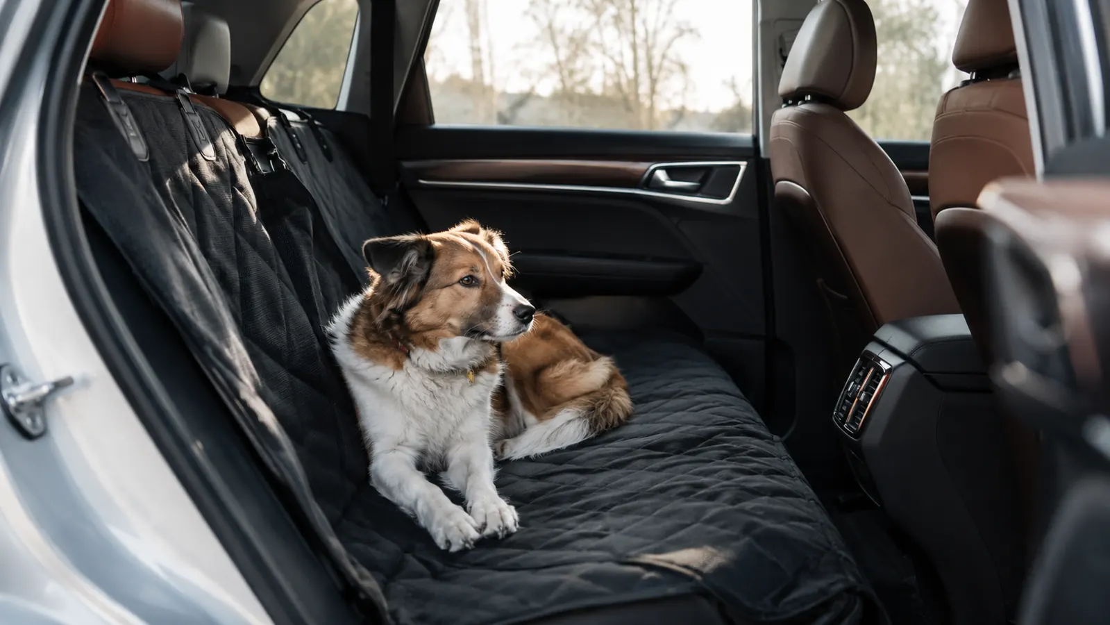 A large dog sitting on a hammock-style seat cover stretched across the back seat of a pickup truck, looking out the window